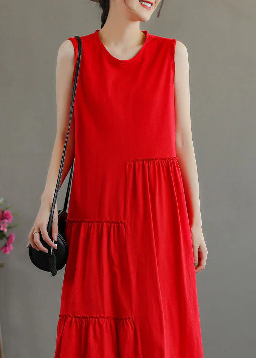 Stylish Red O-Neck Patchwork Cotton Party Dress Sleeveless - Image 4