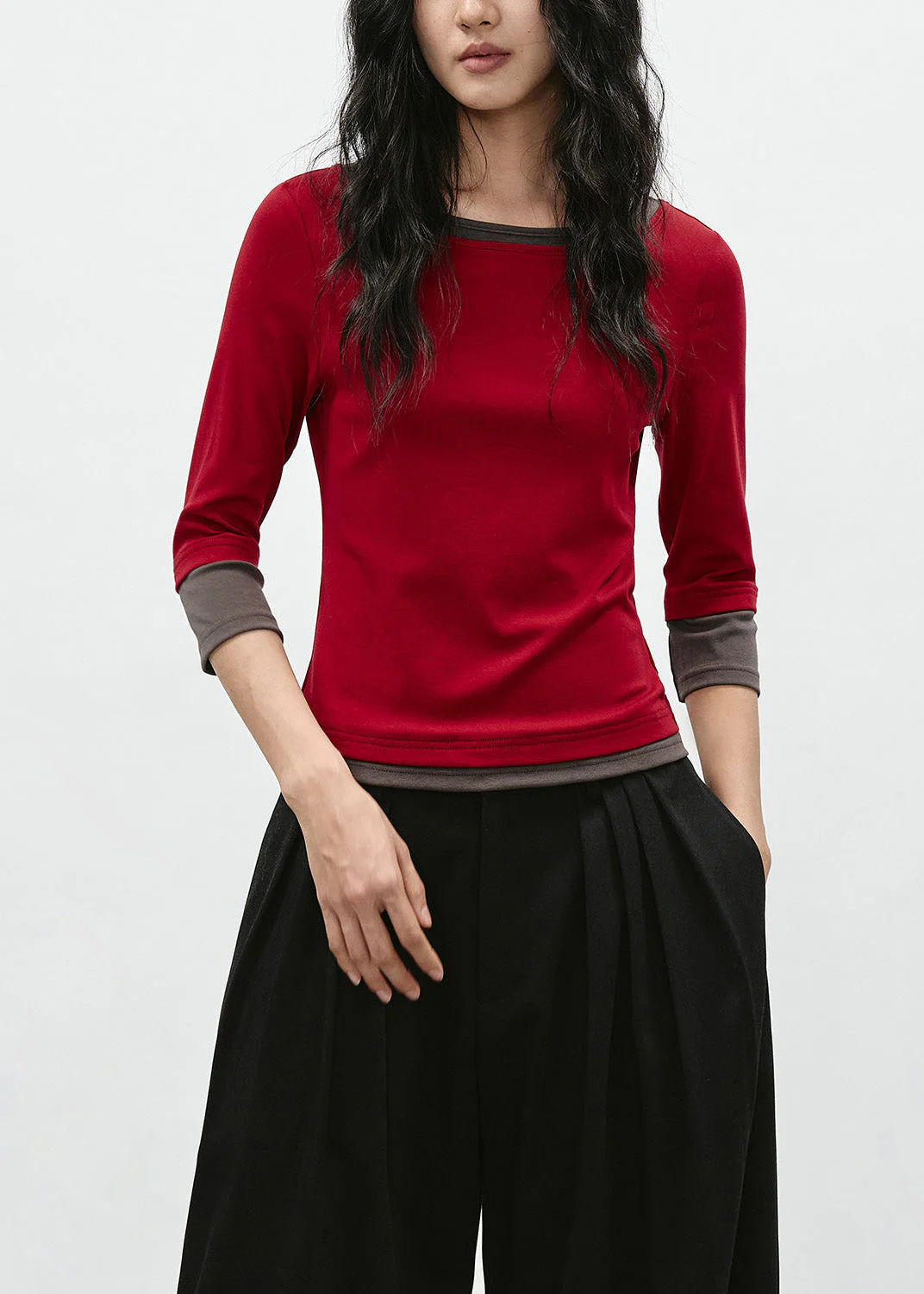 Stylish Red O Neck Patchwork Cotton Tops Bracelet Sleeve - Image 2