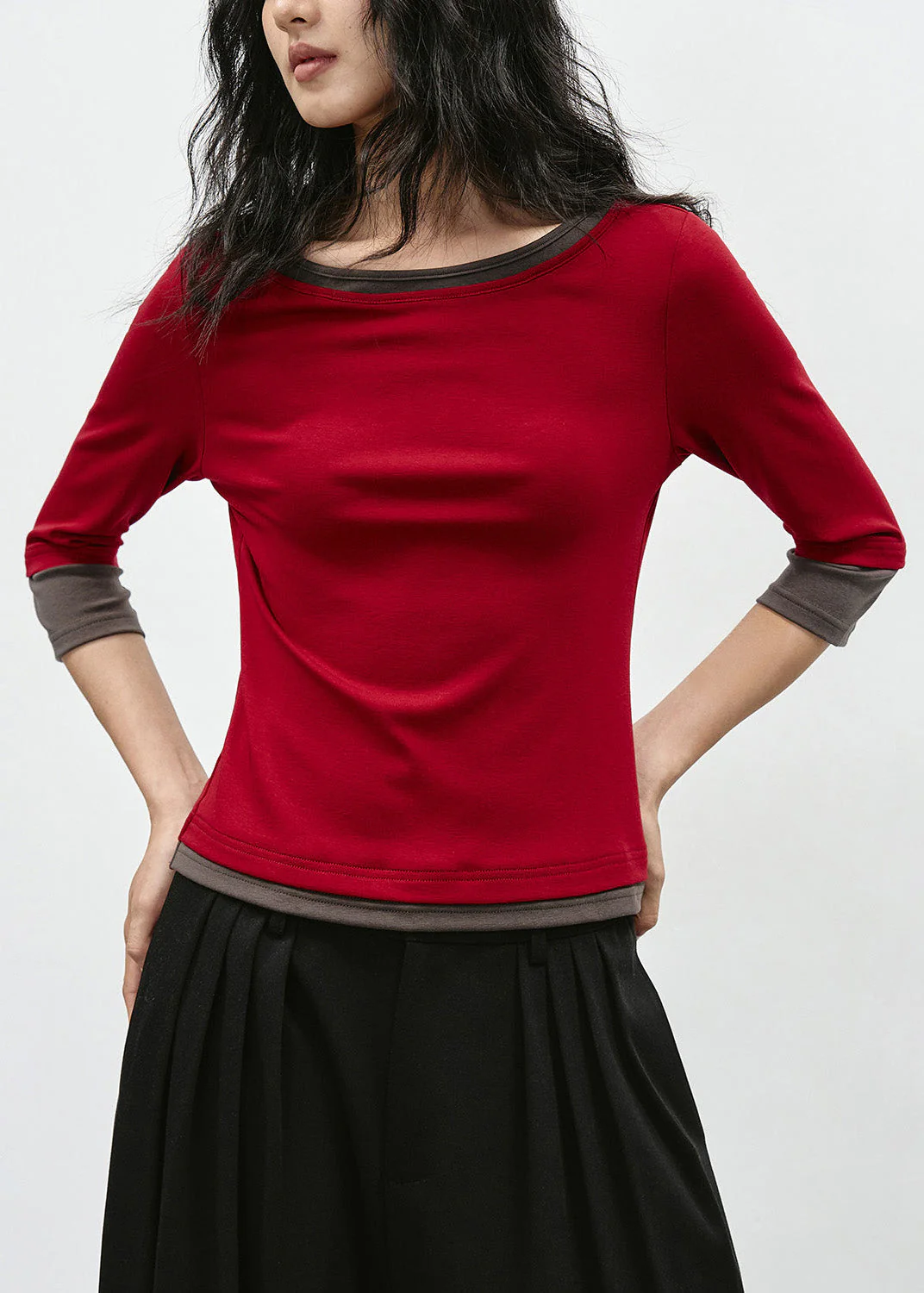 Stylish Red O Neck Patchwork Cotton Tops Bracelet Sleeve - Image 3