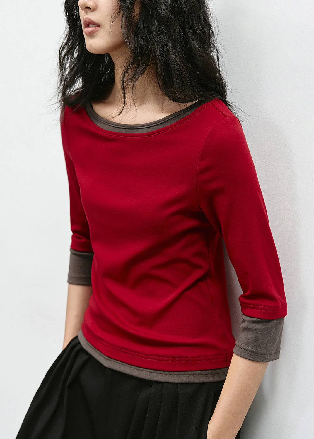 Stylish Red O Neck Patchwork Cotton Tops Bracelet Sleeve - Image 4