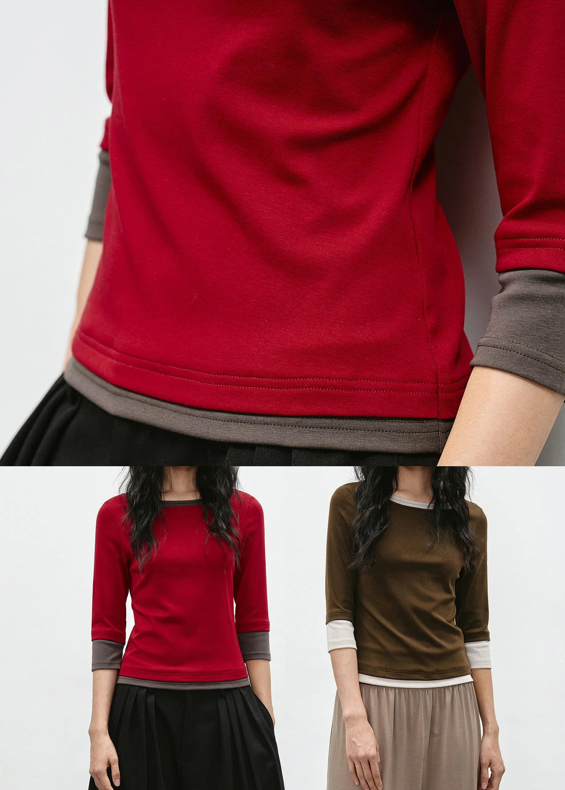 Stylish Red O Neck Patchwork Cotton Tops Bracelet Sleeve - Image 5