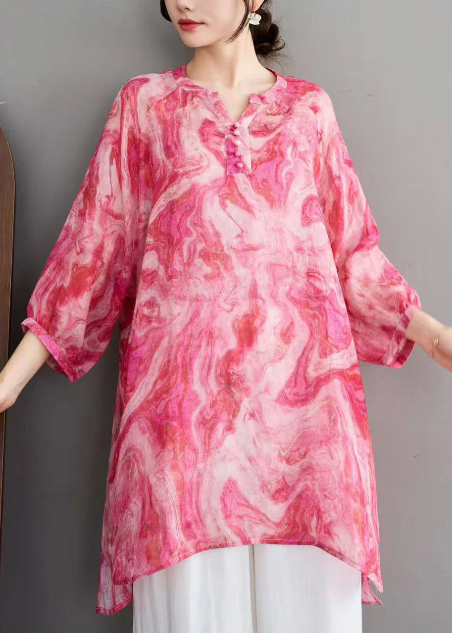 Stylish Red O-Neck Print Linen Shirts Three Quarter Sleeve