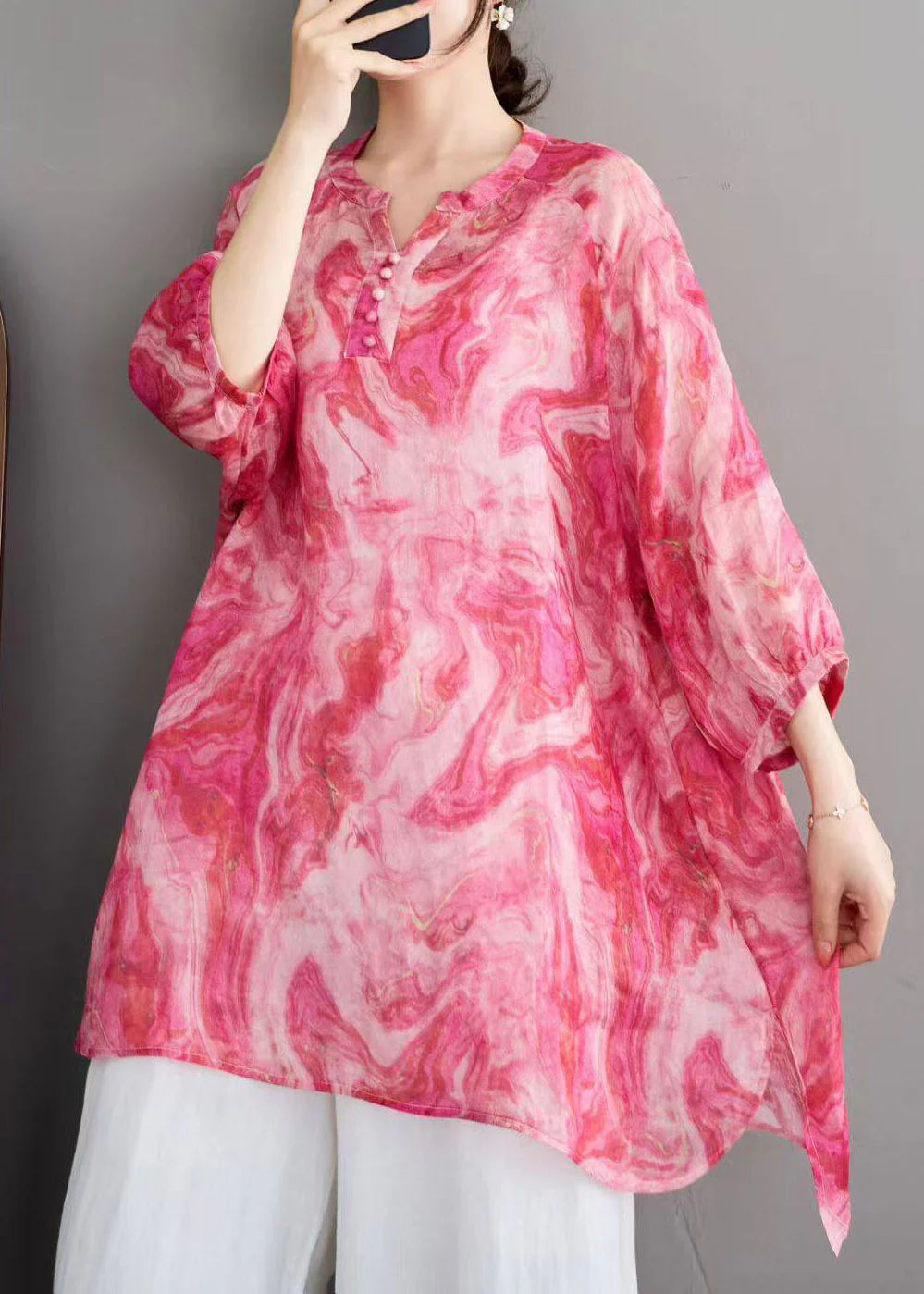 Stylish Red O-Neck Print Linen Shirts Three Quarter Sleeve - Image 2