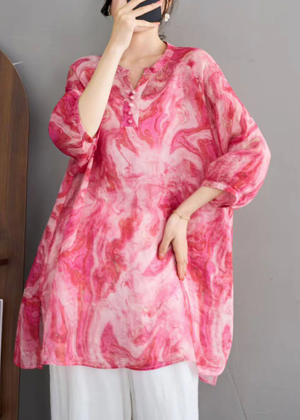 Stylish Red O-Neck Print Linen Shirts Three Quarter Sleeve - Image 3