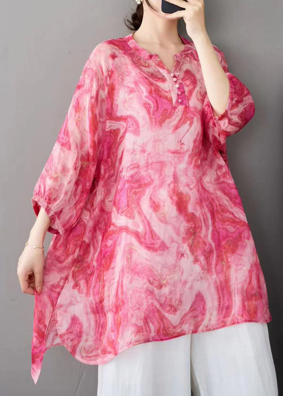 Stylish Red O-Neck Print Linen Shirts Three Quarter Sleeve - Image 4