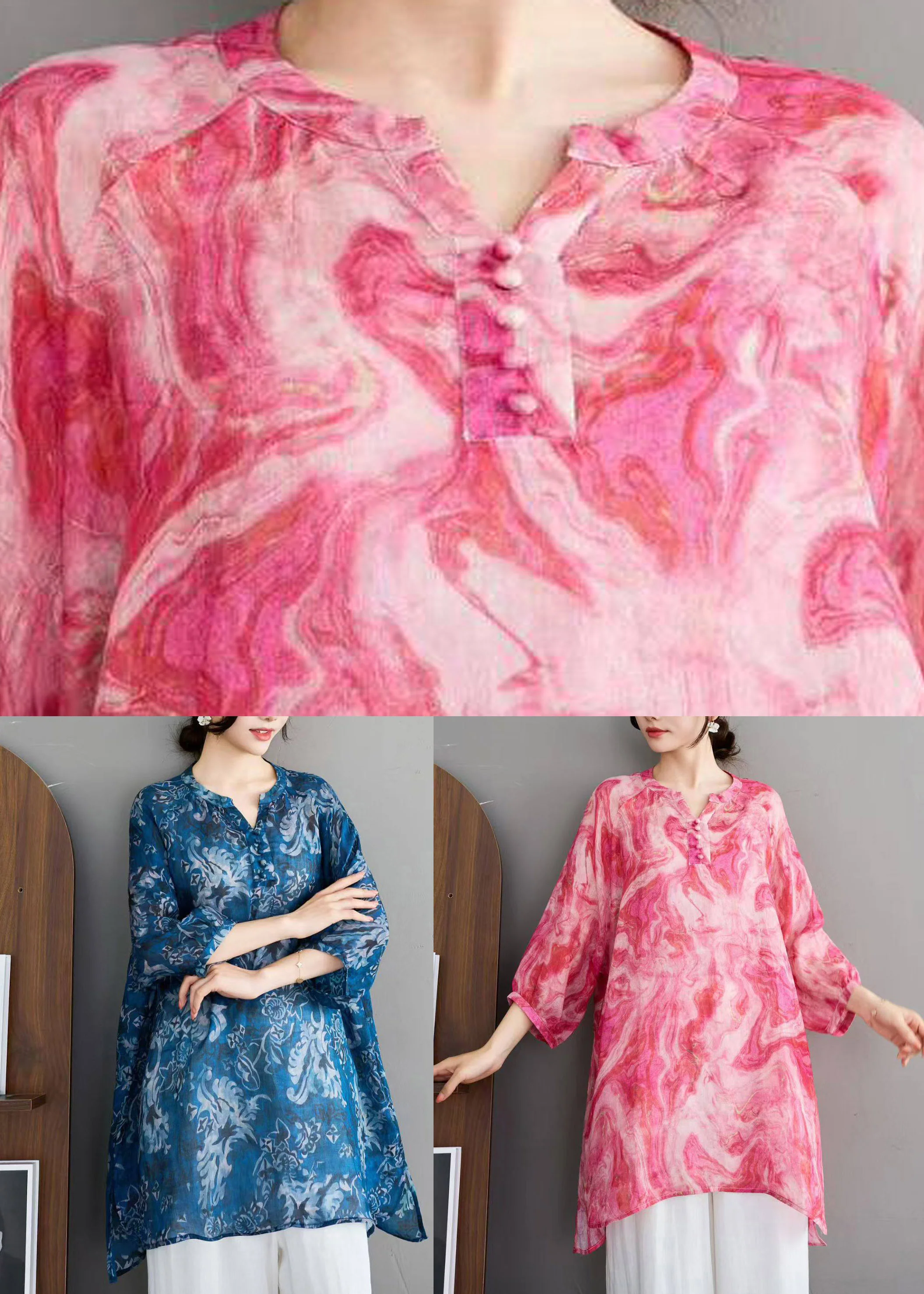 Stylish Red O-Neck Print Linen Shirts Three Quarter Sleeve - Image 5