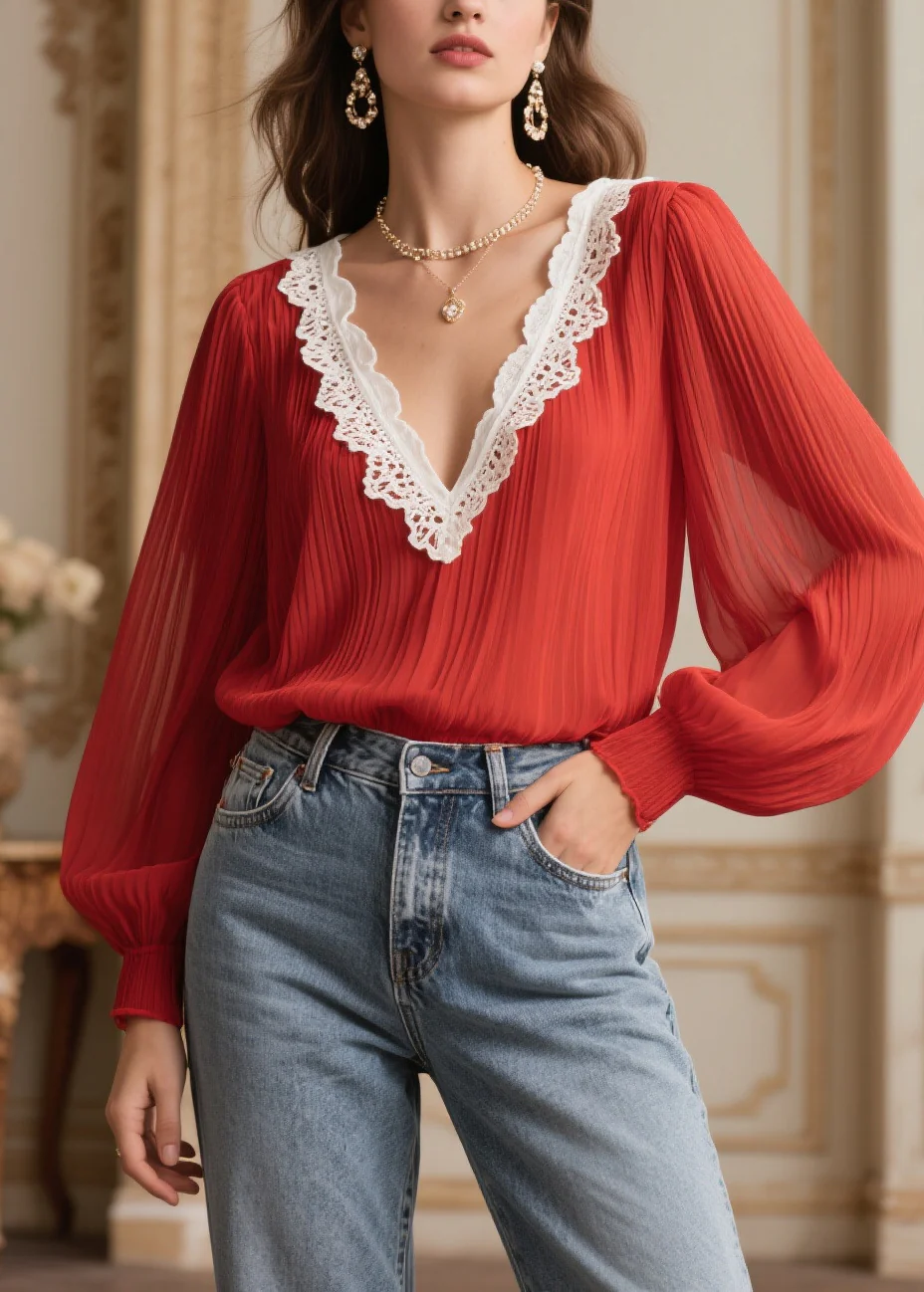 Stylish Red Oversized Patchwork Lace Chiffon Pleated Shirts Spring - Image 5