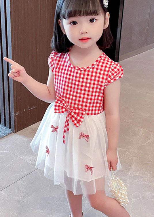 Stylish Red Plaid O Neck Bow Patchwork Tulle Baby Girls Dress Summer - Image 2