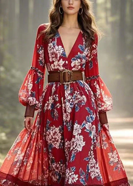 Stylish Red Print Exra Large Hem Cotton Vestidos Dress Lantern Sleeve - Image 2