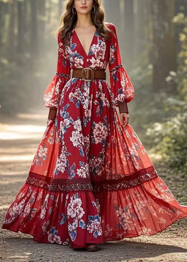 Stylish Red Print Exra Large Hem Cotton Vestidos Dress Lantern Sleeve - Image 3