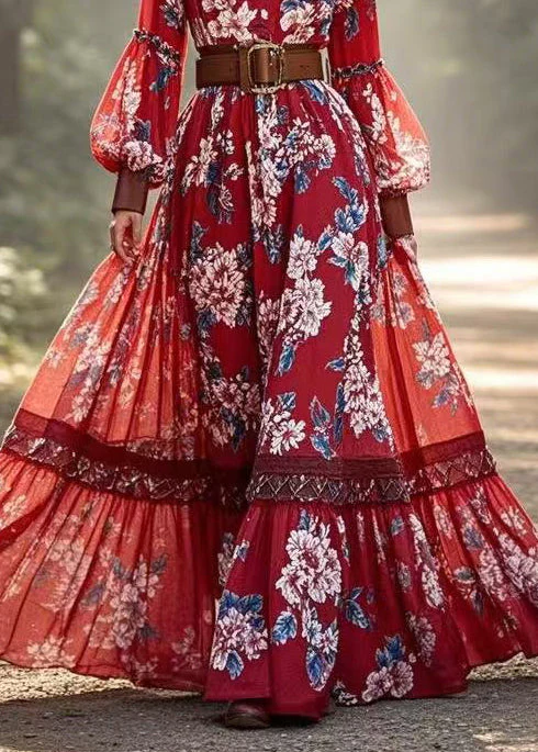 Stylish Red Print Exra Large Hem Cotton Vestidos Dress Lantern Sleeve - Image 4