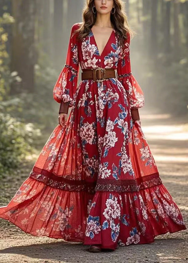 Stylish Red Print Exra Large Hem Cotton Vestidos Dress Lantern Sleeve - Image 5