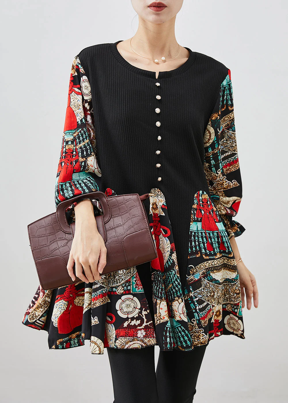 Stylish Red Print Patchwork Cotton Work Dress Fall - Image 3