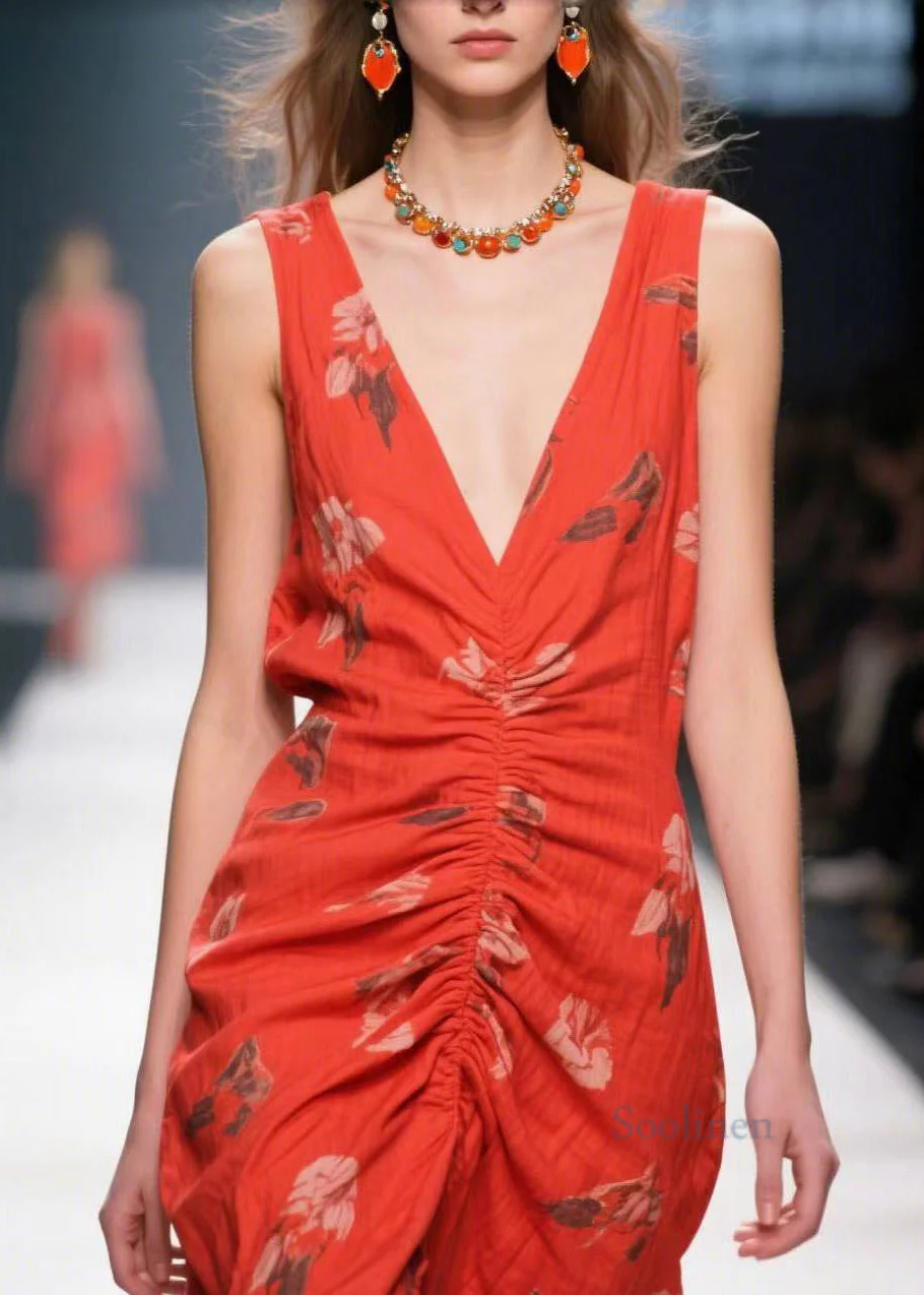 Stylish Red Print Wrinkled Side Open Cotton Party Dress Summer - Image 2