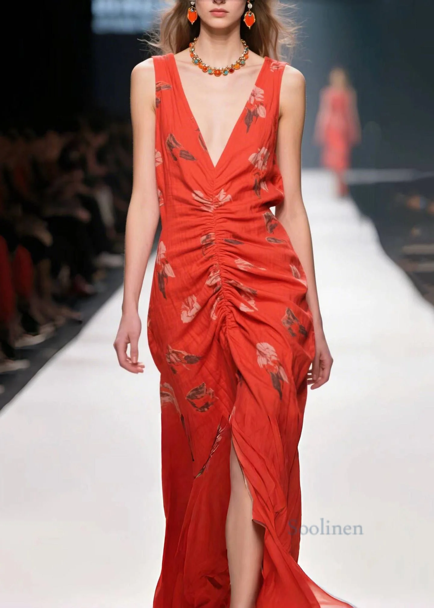 Stylish Red Print Wrinkled Side Open Cotton Party Dress Summer - Image 3