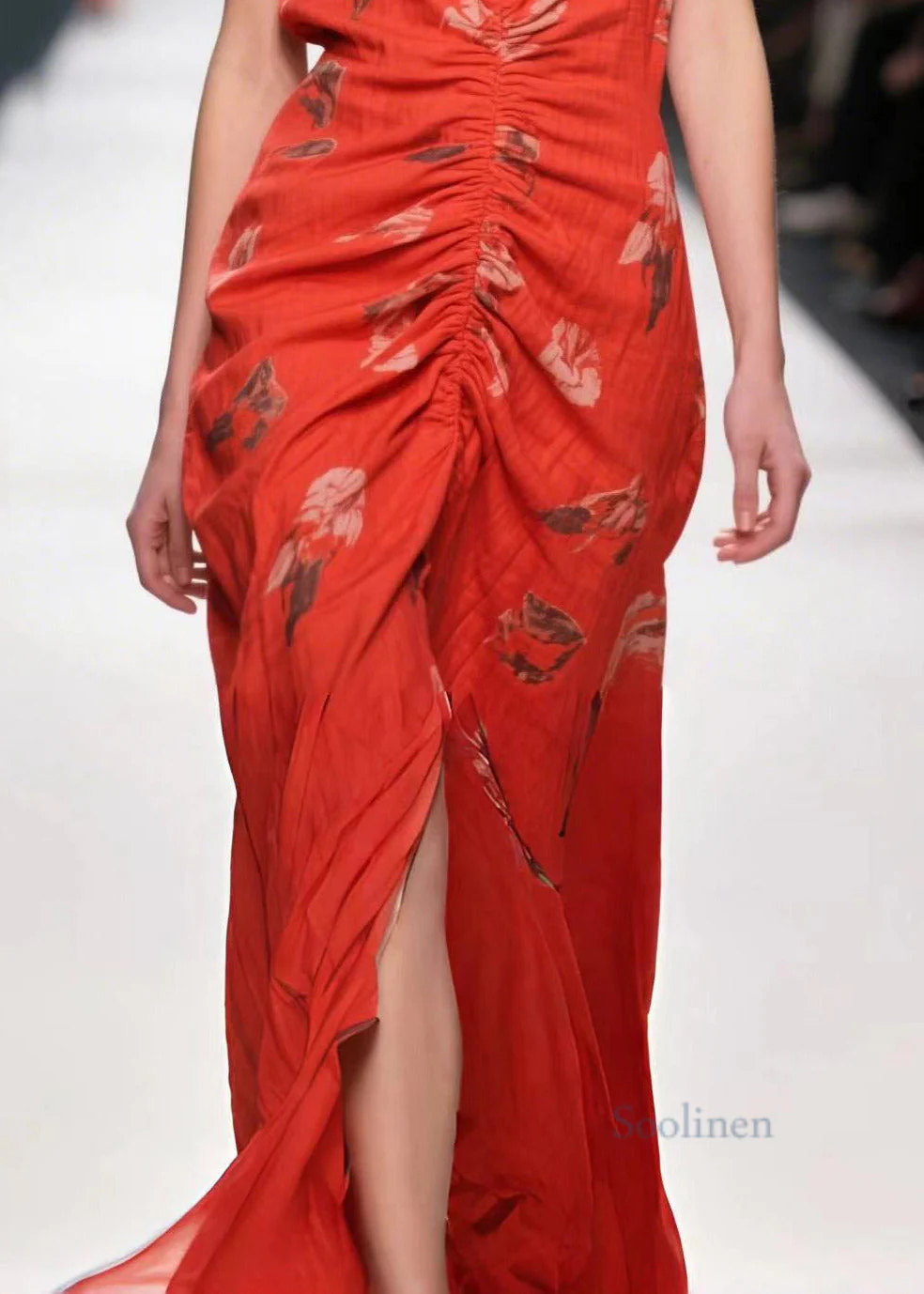 Stylish Red Print Wrinkled Side Open Cotton Party Dress Summer - Image 4