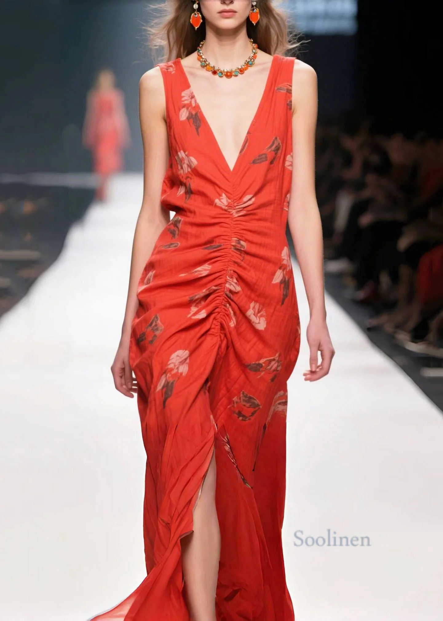 Stylish Red Print Wrinkled Side Open Cotton Party Dress Summer - Image 5