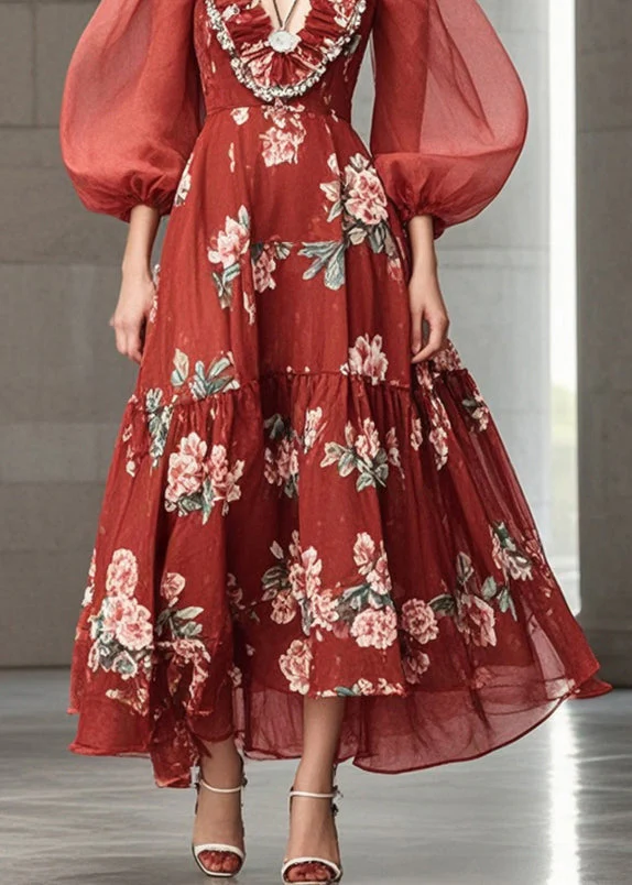 Stylish Red Puff Sleeve Print Chiffon Party Dress - Image 2