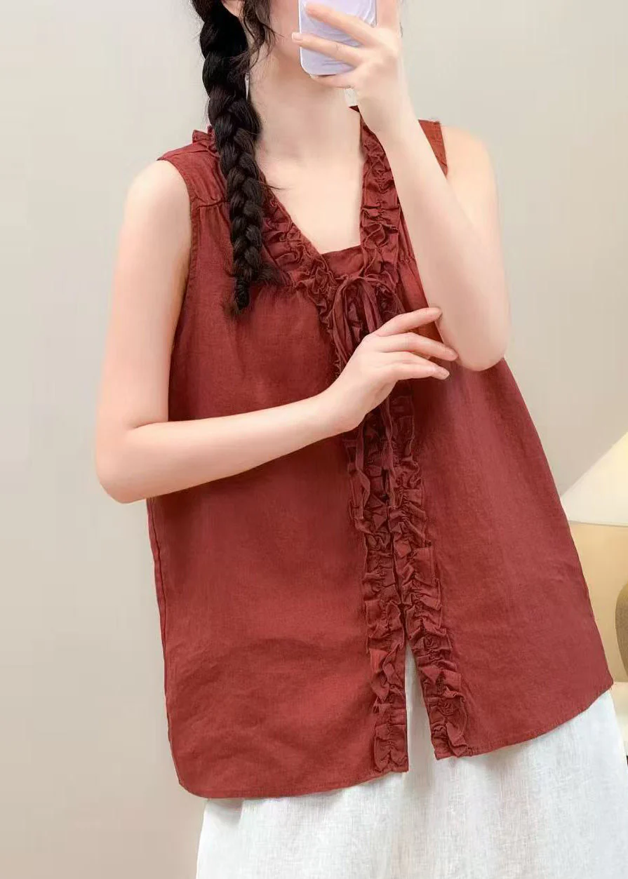 Stylish Red Ruffled Oversized Linen Shirt Summer - Image 2