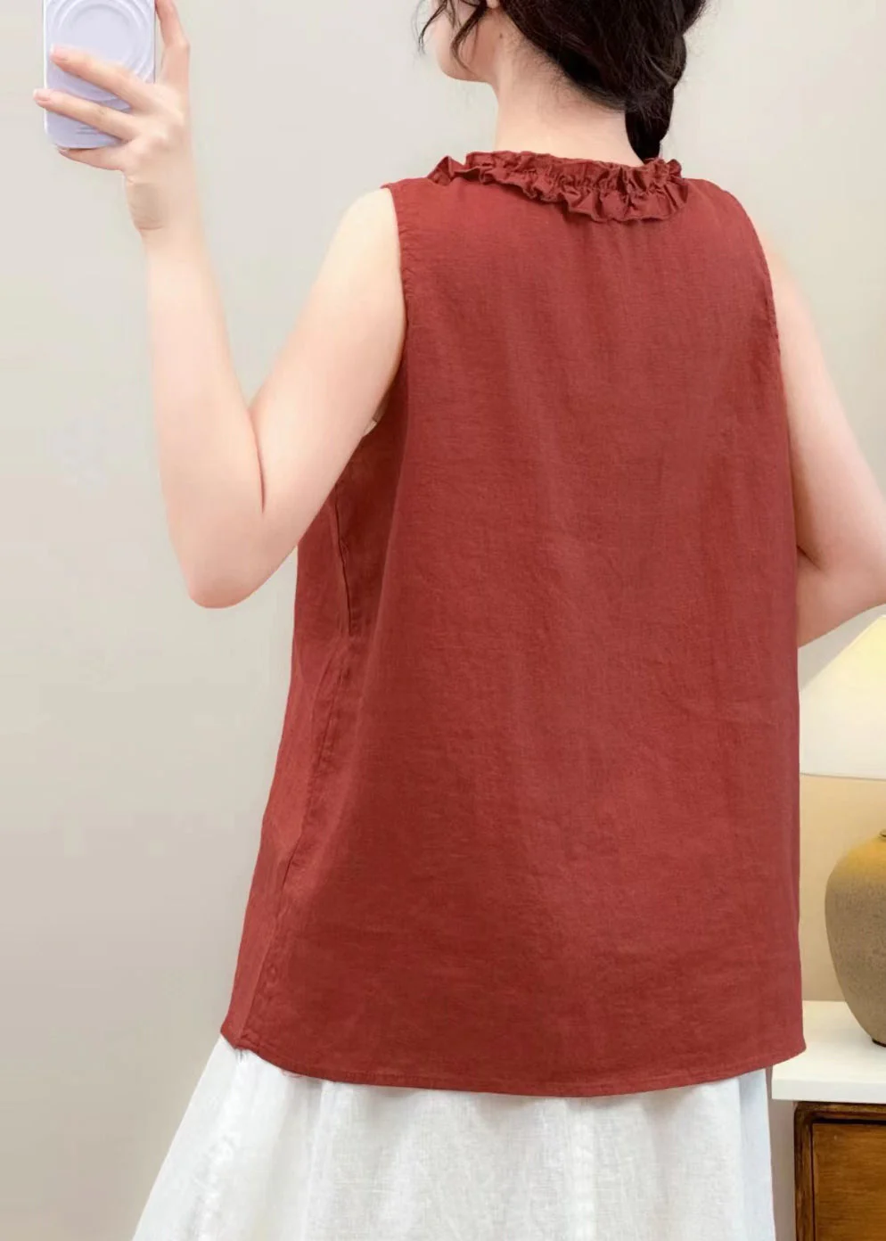 Stylish Red Ruffled Oversized Linen Shirt Summer - Image 3