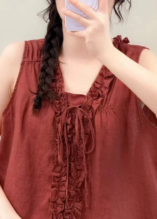 Stylish Red Ruffled Oversized Linen Shirt Summer - Image 4