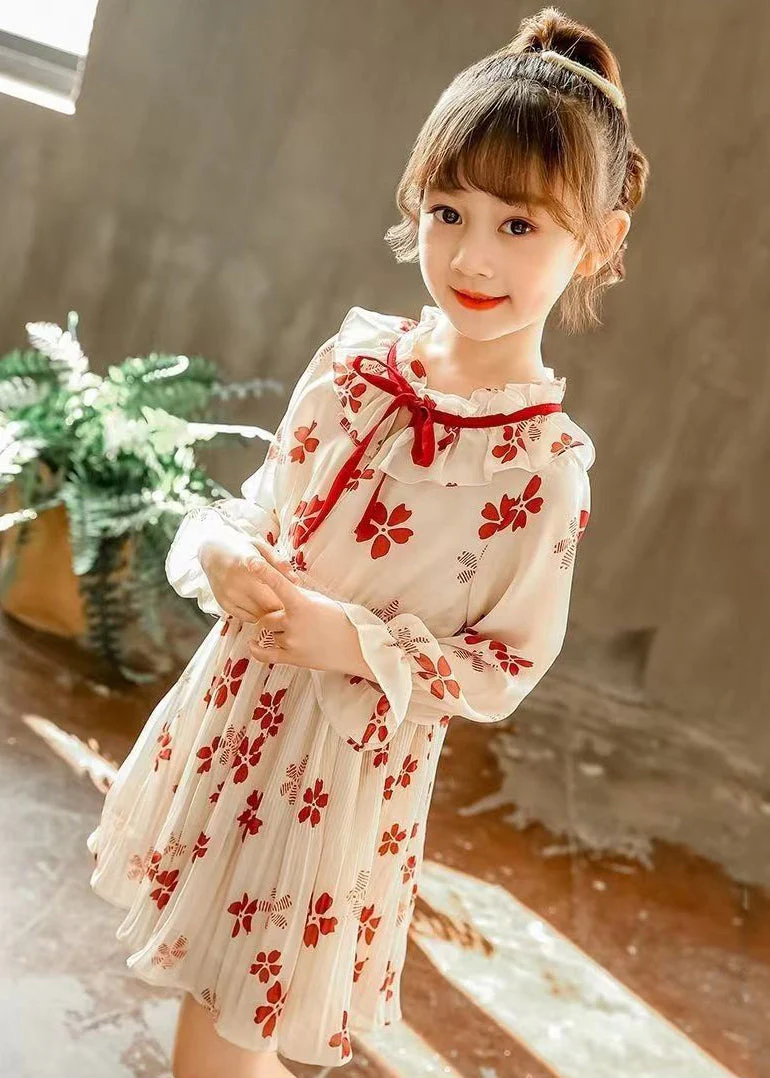 Stylish Red Ruffled Print Lace Up Chiffon Girls Dresses Flare Sleeve - Image 3