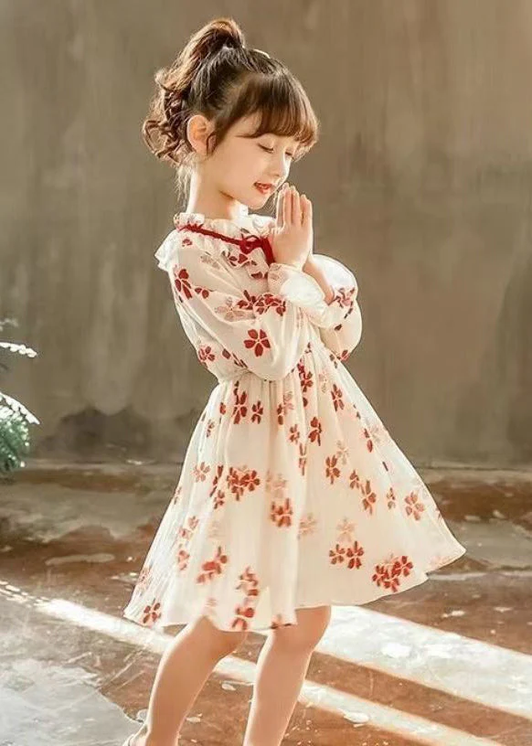 Stylish Red Ruffled Print Lace Up Chiffon Girls Dresses Flare Sleeve - Image 4