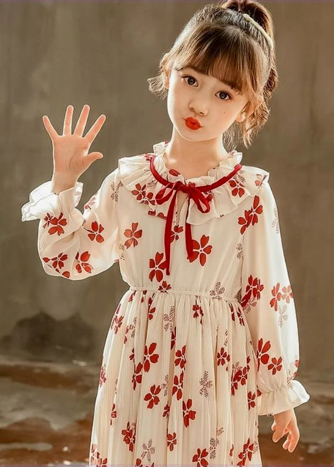 Stylish Red Ruffled Print Lace Up Chiffon Girls Dresses Flare Sleeve - Image 5