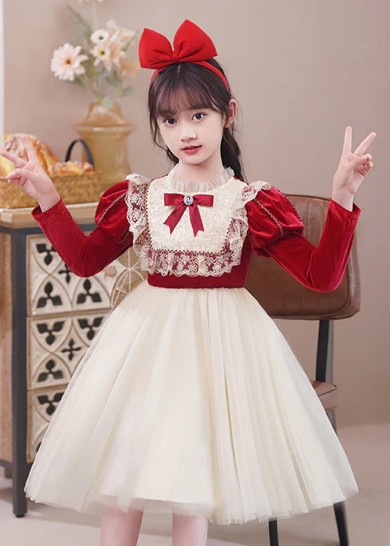 Stylish Red Ruffled Tulle Patchwork Warm Fleece Kids Girls Dress Winter - Image 3