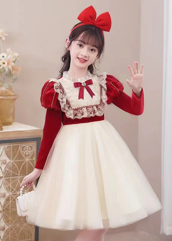 Stylish Red Ruffled Tulle Patchwork Warm Fleece Kids Girls Dress Winter - Image 5