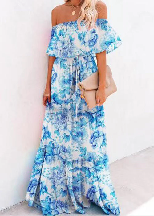 Stylish Red Slash Neck Print Tie Waist Cotton Long Dress Summer - Image 2