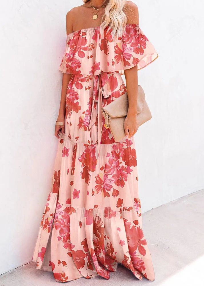 Stylish Red Slash Neck Print Tie Waist Cotton Long Dress Summer - Image 4