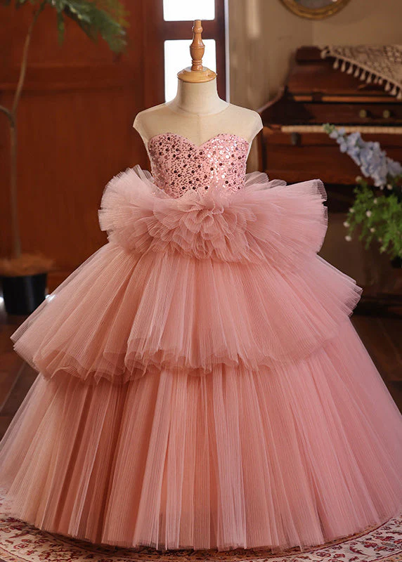 Stylish Red Square Patchwork Tulle Girls Long Dresses Sleeveless - Image 2