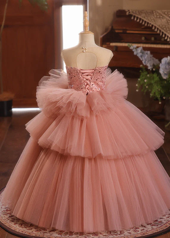 Stylish Red Square Patchwork Tulle Girls Long Dresses Sleeveless - Image 3
