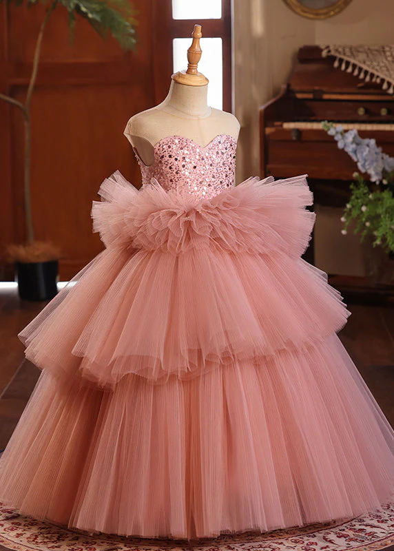 Stylish Red Square Patchwork Tulle Girls Long Dresses Sleeveless - Image 4