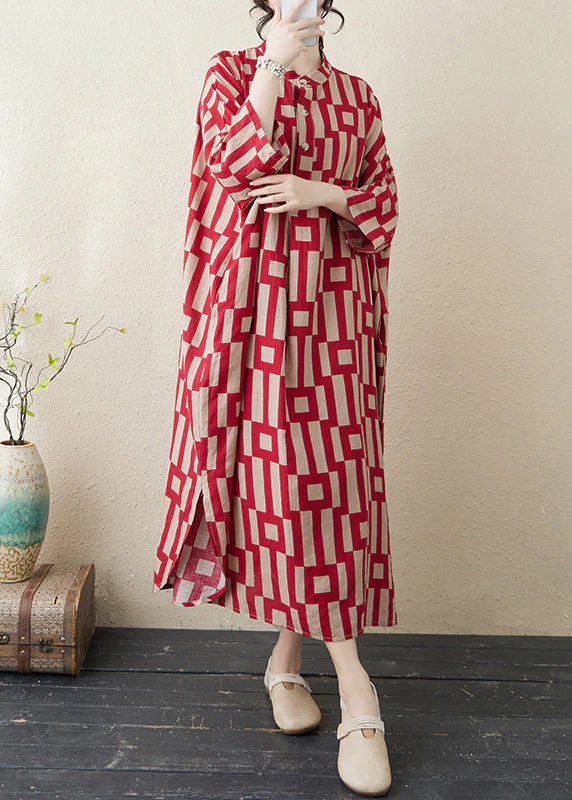 Stylish Red Stand Collar Striped Side Open Long Dress Bracelet Sleeve - Image 2