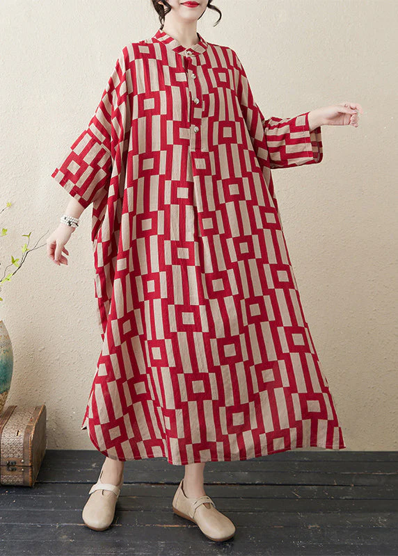 Stylish Red Stand Collar Striped Side Open Long Dress Bracelet Sleeve - Image 3