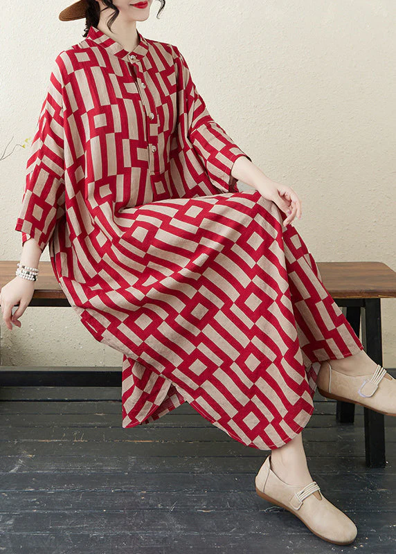 Stylish Red Stand Collar Striped Side Open Long Dress Bracelet Sleeve - Image 4