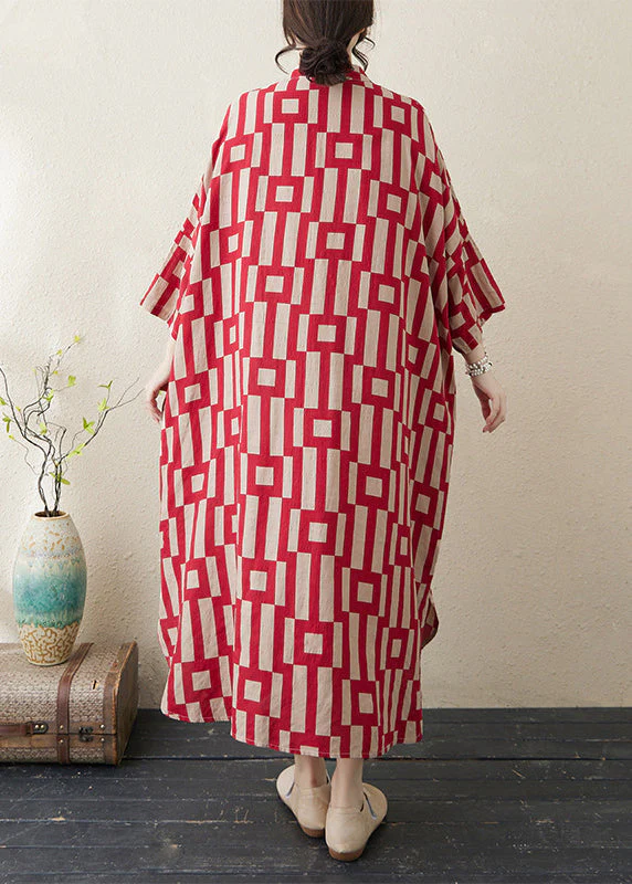 Stylish Red Stand Collar Striped Side Open Long Dress Bracelet Sleeve - Image 5