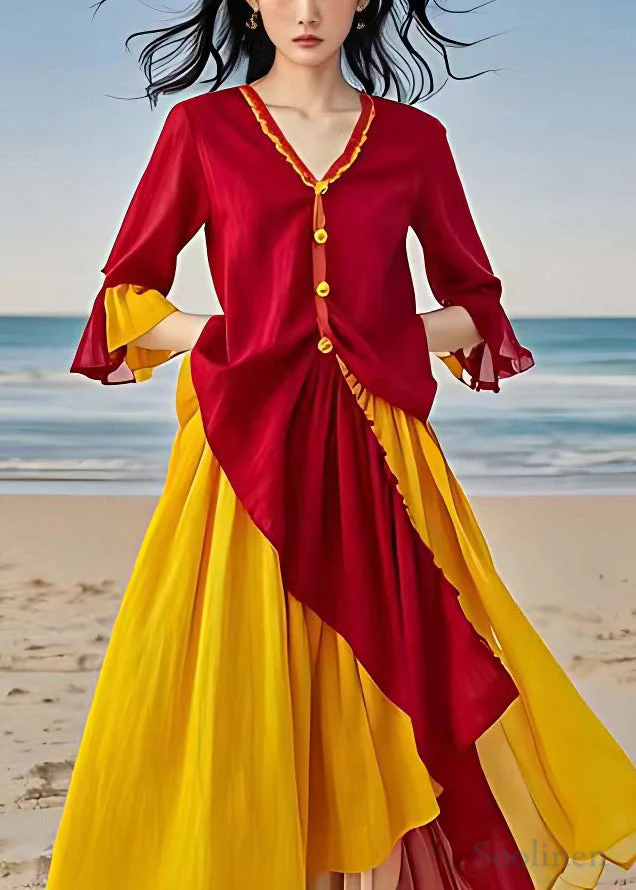 Stylish Red V Neck Asymmetrical Patchwork Cotton Dresses Flare Sleeve - Image 2
