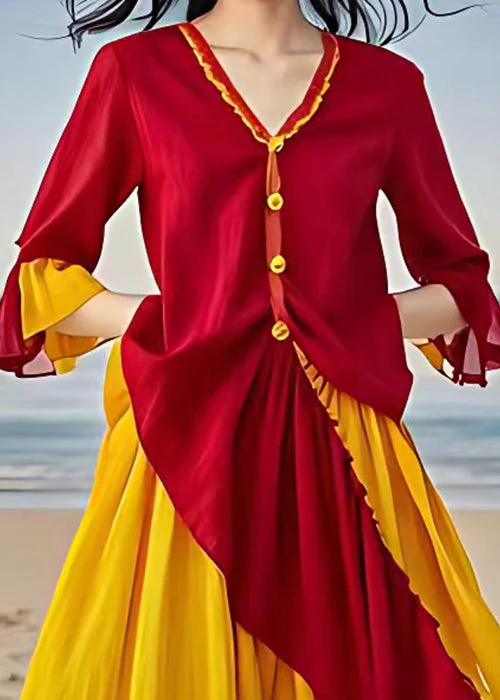 Stylish Red V Neck Asymmetrical Patchwork Cotton Dresses Flare Sleeve - Image 4