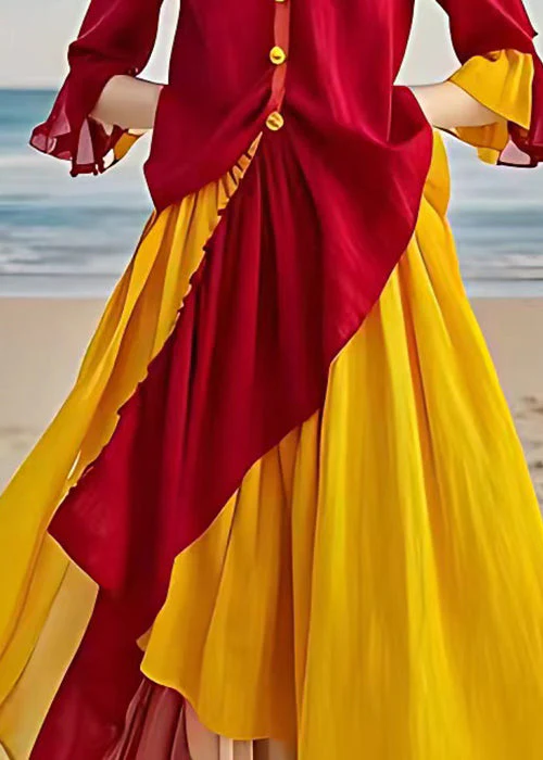 Stylish Red V Neck Asymmetrical Patchwork Cotton Dresses Flare Sleeve - Image 5
