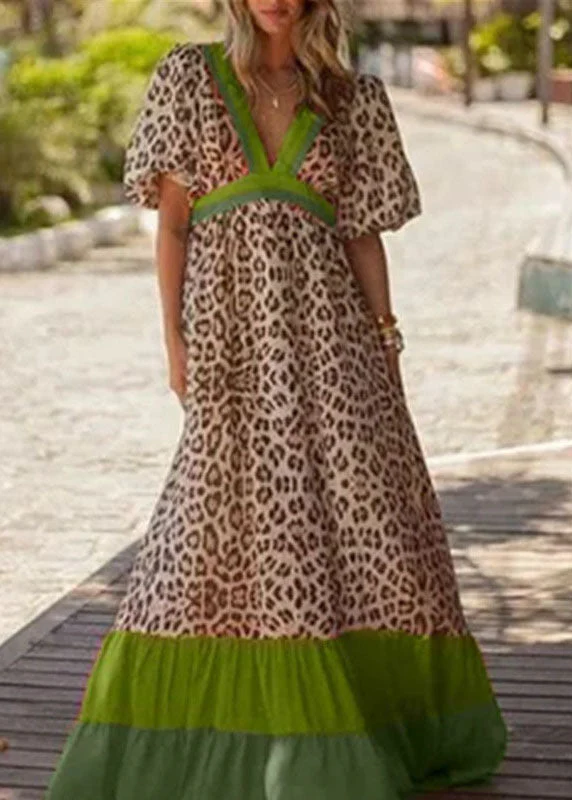 Stylish Red V Neck Leopard Print Patchwork Exra Large Hem Beach Dresses Short Sleeve - Image 2