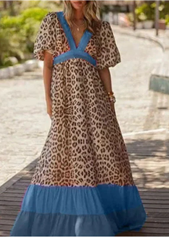 Stylish Red V Neck Leopard Print Patchwork Exra Large Hem Beach Dresses Short Sleeve - Image 3