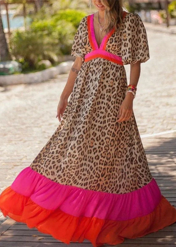 Stylish Red V Neck Leopard Print Patchwork Exra Large Hem Beach Dresses Short Sleeve - Image 4