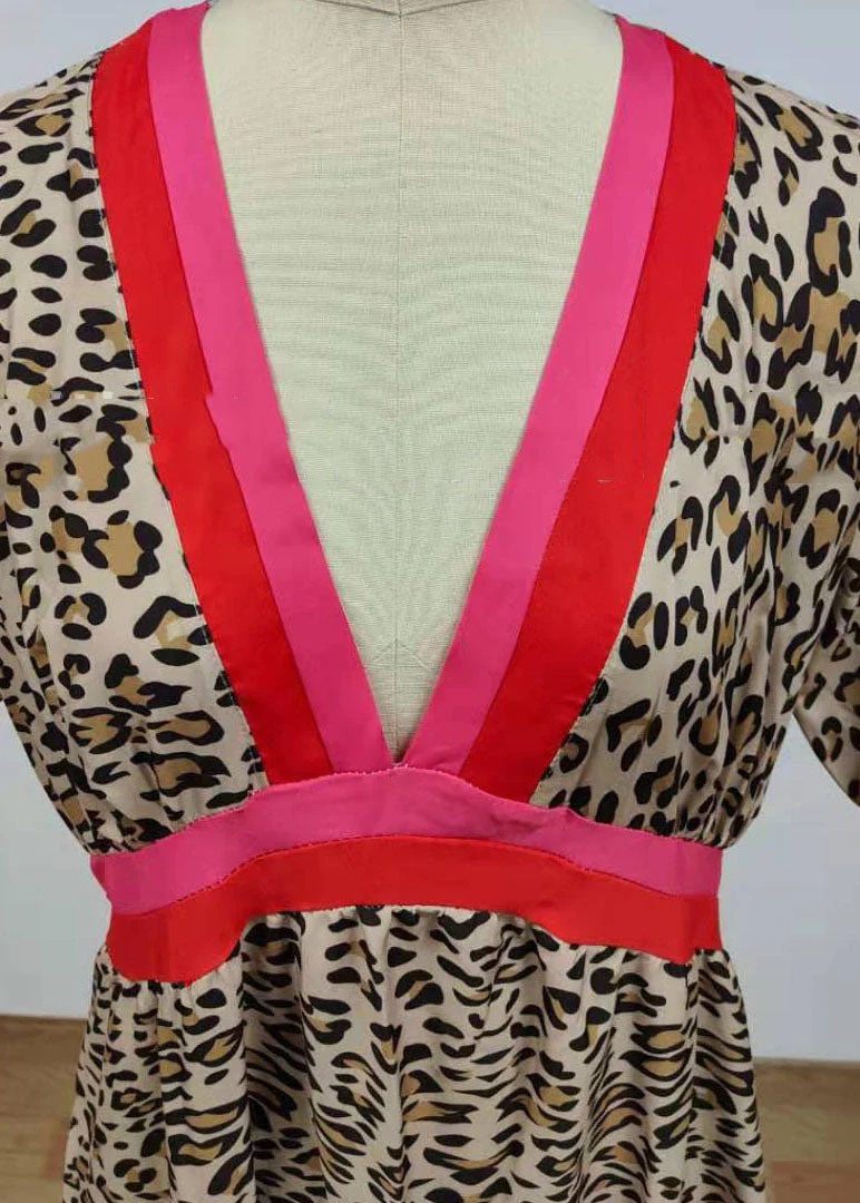 Stylish Red V Neck Leopard Print Patchwork Exra Large Hem Beach Dresses Short Sleeve - Image 5