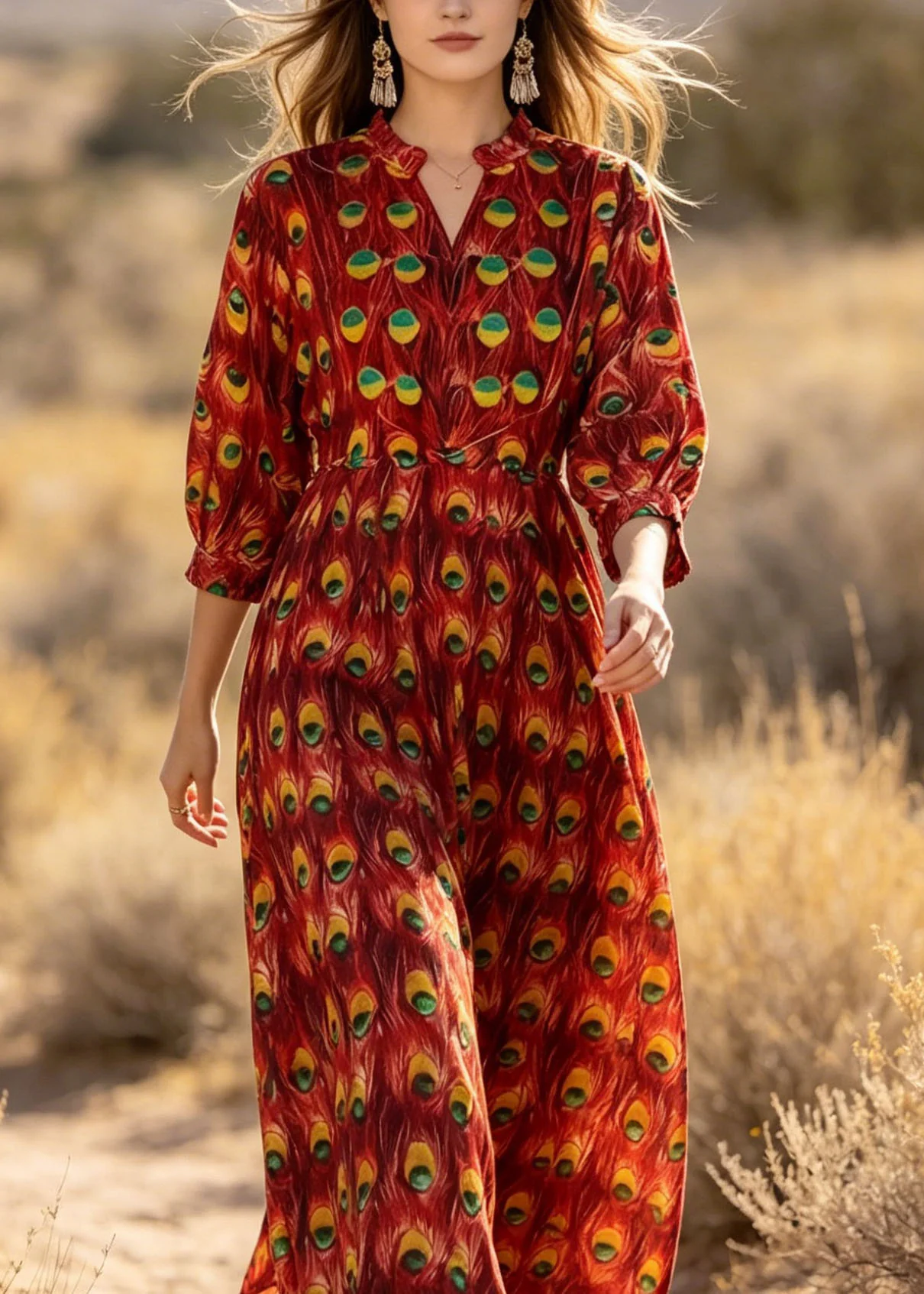 Stylish Red V Neck Print Cotton Dress Lantern Sleeve - Image 2