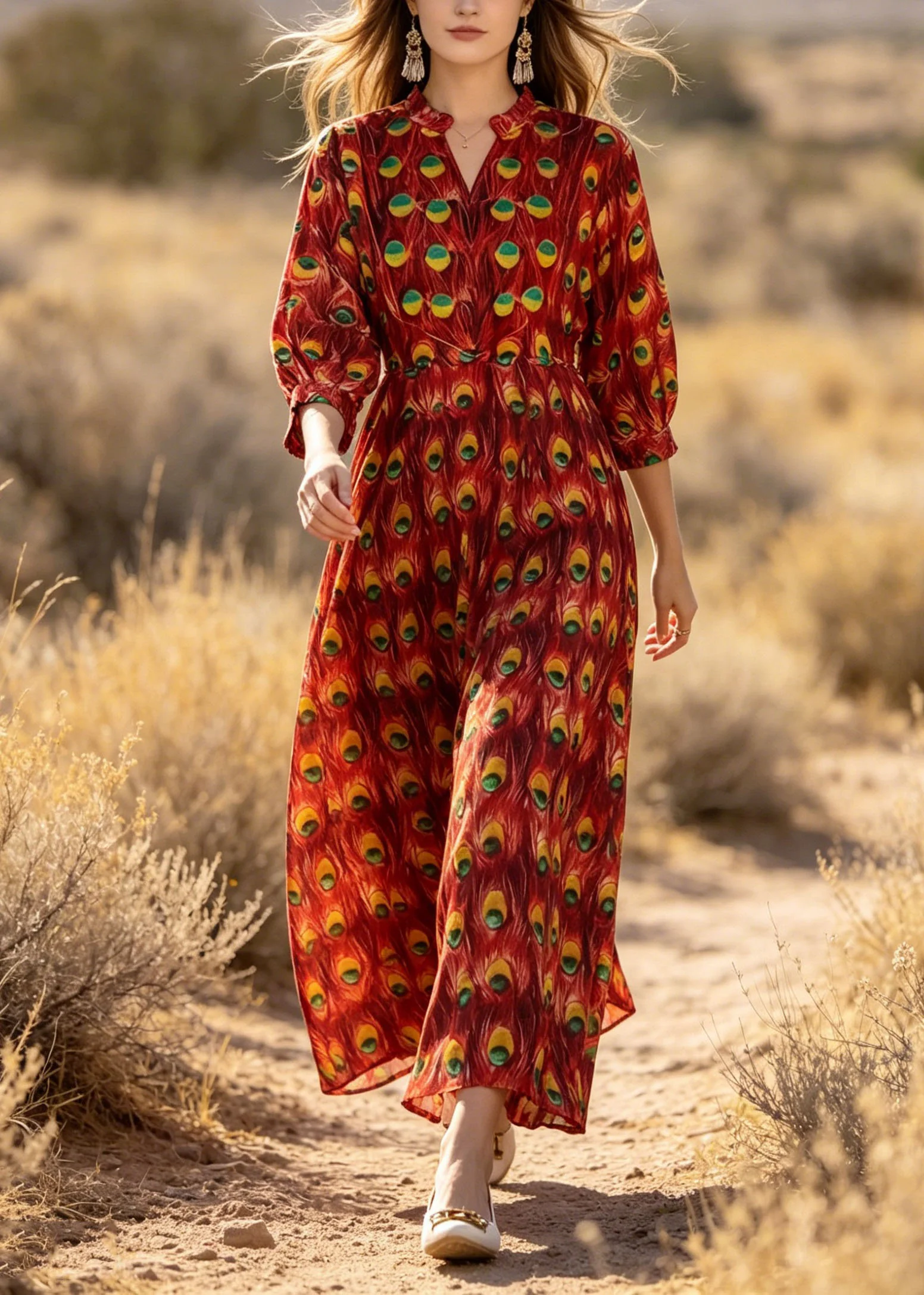 Stylish Red V Neck Print Cotton Dress Lantern Sleeve - Image 3