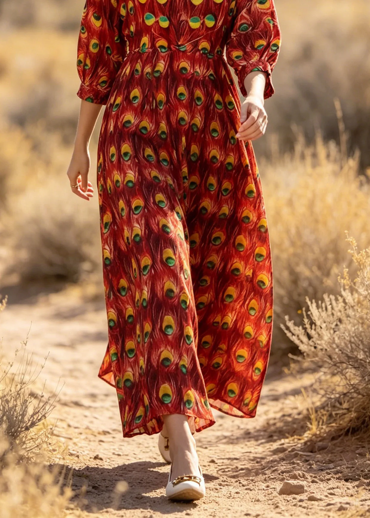 Stylish Red V Neck Print Cotton Dress Lantern Sleeve - Image 4