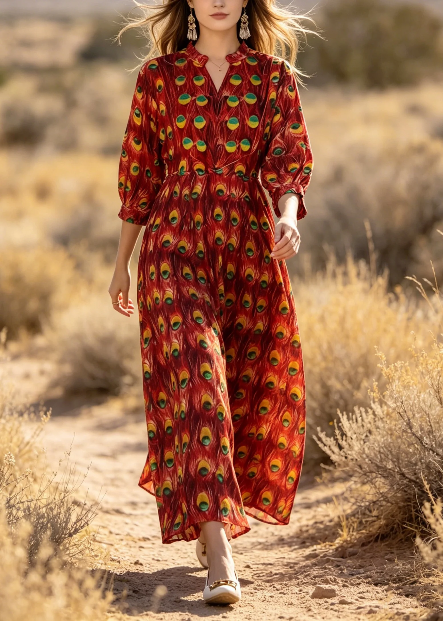 Stylish Red V Neck Print Cotton Dress Lantern Sleeve - Image 5